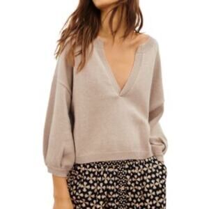 Ba&Sh Lady Pullover Beige Sweater Women’s Size M Naya Split Neck Wool Cotton